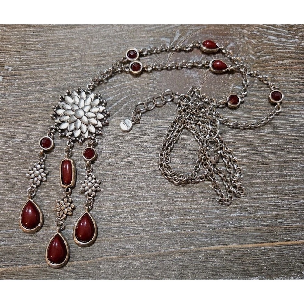 Silver Tone Chandelier Necklace Lotus Center Dark Red Stones Ruby Rd Vintage